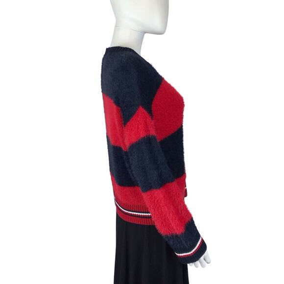 Tommy Hilfiger Fuzzy Sweater Striped Red & White Blue Women's Pullover - Picture 3 of 7